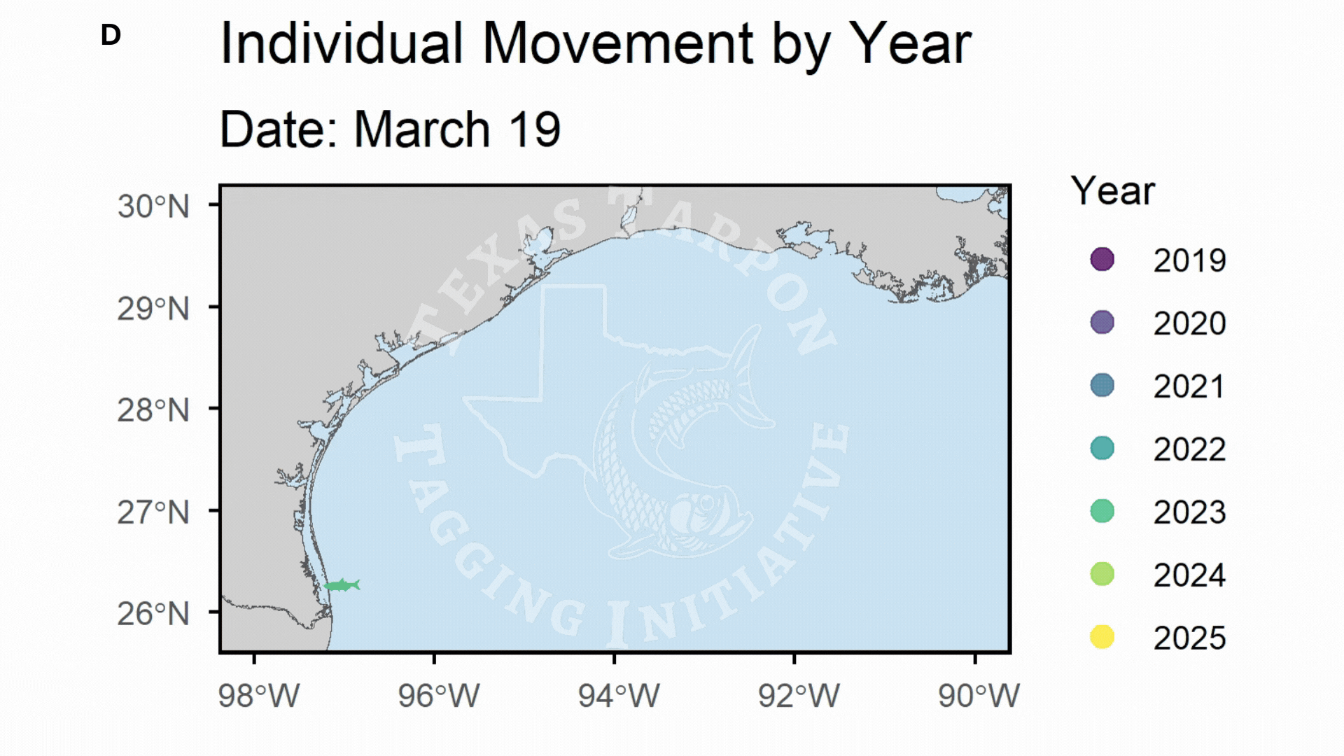 Movement of individual tarpon color coded by year.
